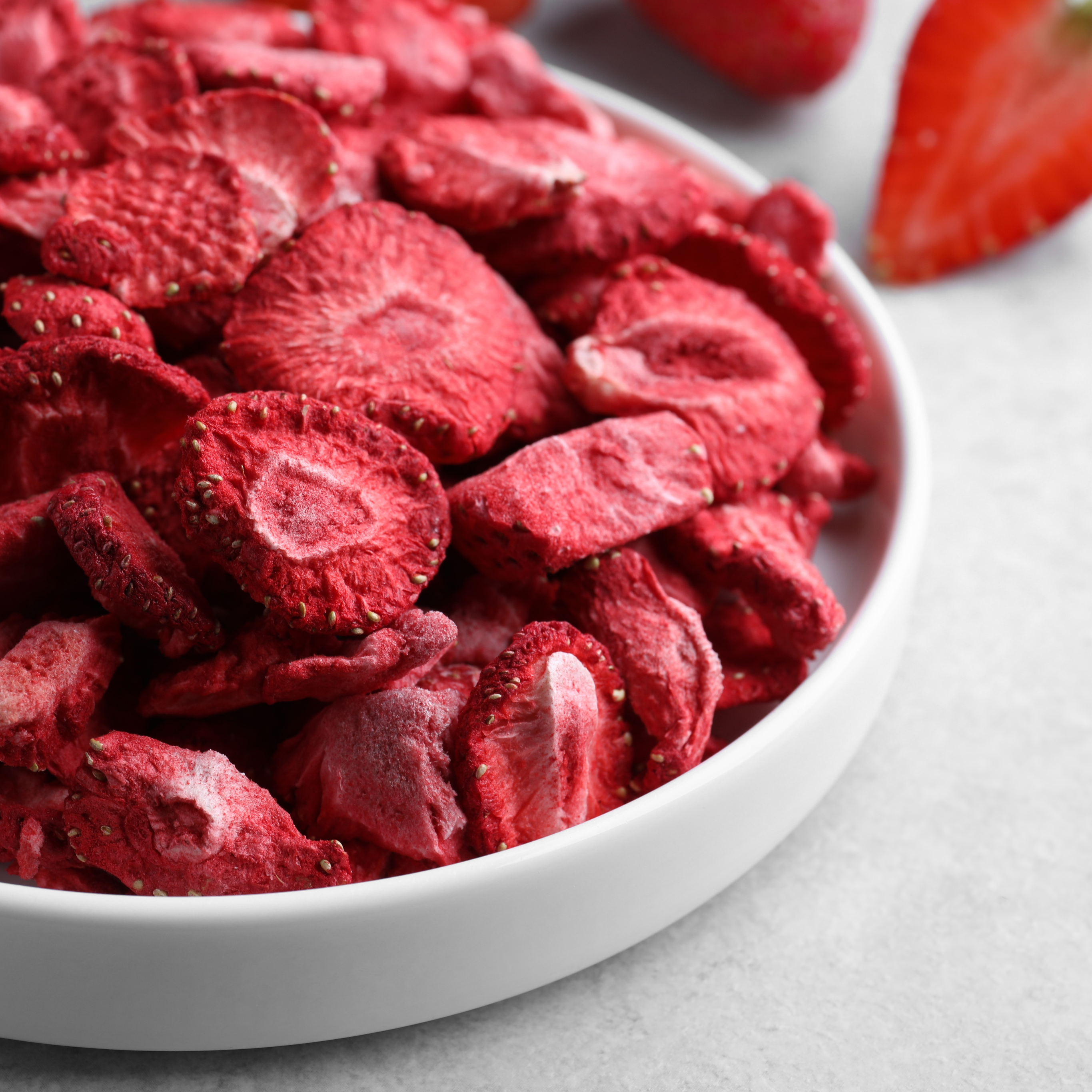 Freeze-dried strawberries showcasing Leosmak processing facility
