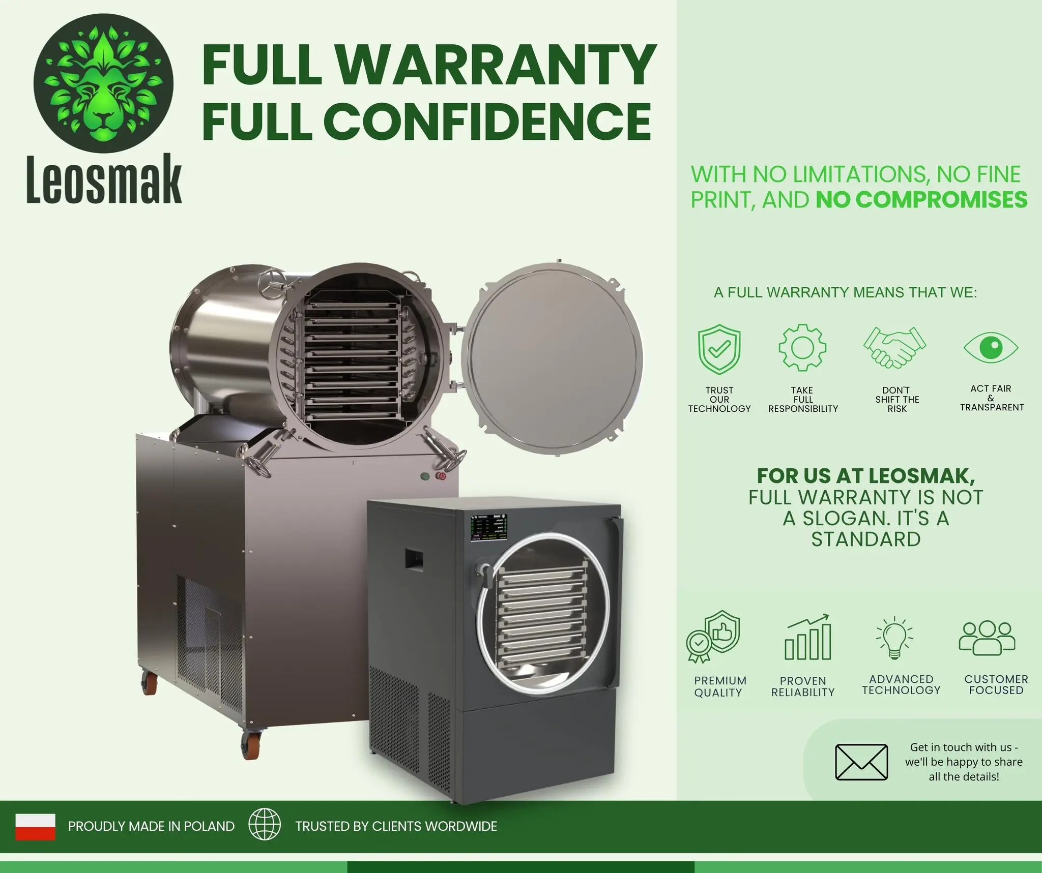Leosmak full 2-year warranty on freeze dryers — no exceptions