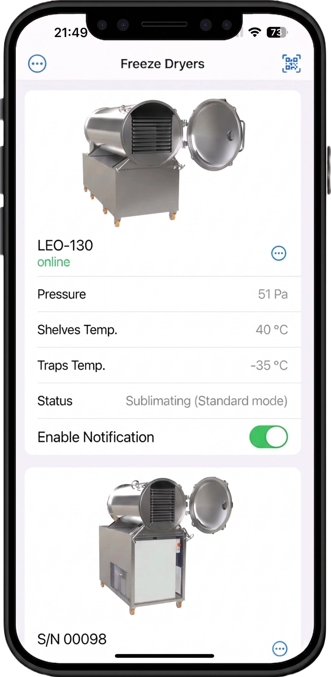 Interface de l'application mobile Leosmak pour la surveillance à distance des lyophilisateurs