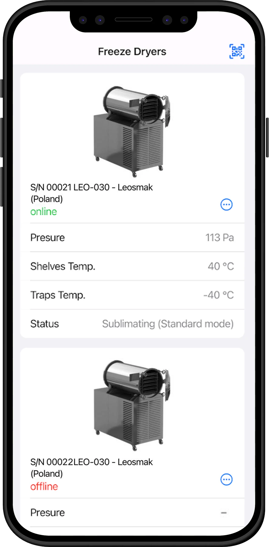 Leosmak mobiele app-interface voor vriesdrogerbewaking op afstand