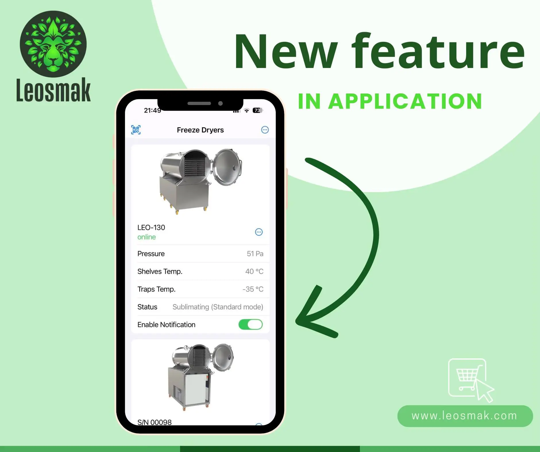 Push-повідомлення в додатку Leosmak про завершення циклу сушіння методом сублімації